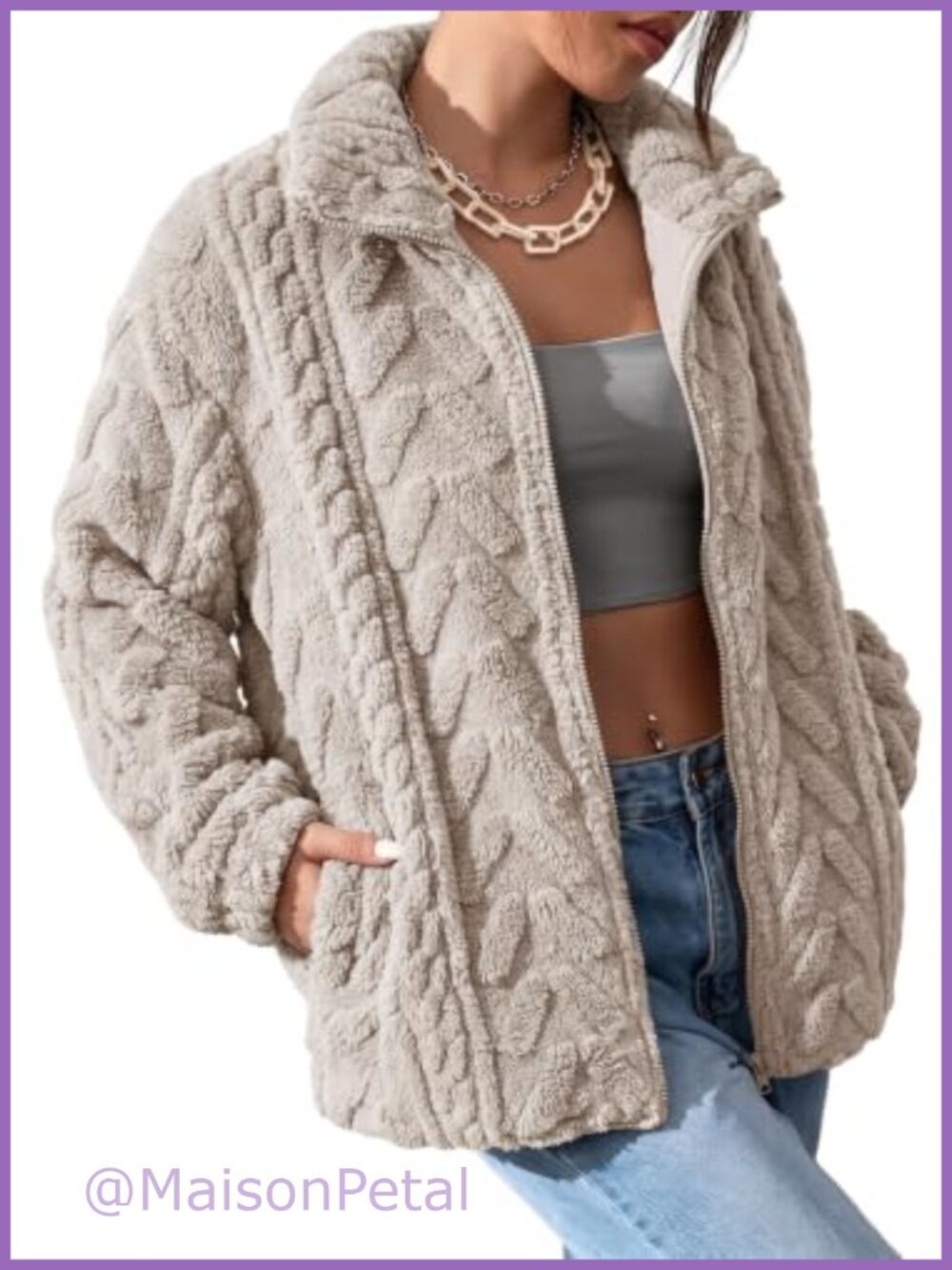 Women's Winter Fleece Jacket Zip Up Stand Collar Pockets Oversized Coat